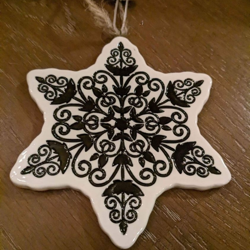 Gorgeous Black And White Ceramic Star Christmas Ornament Or Hanging Decor.